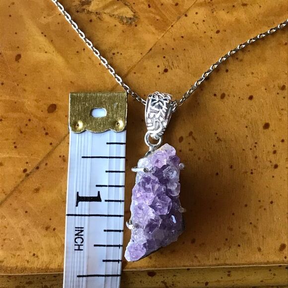 African Amethyst Geode Sterling Silver Stainless Steel Pendant Necklace - Picture 4 of 7